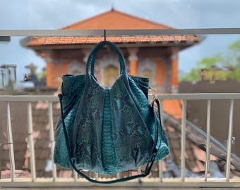 Python Snakeskin Leather Dark Green Floy Hobo Women Shoulder Bucket Bag