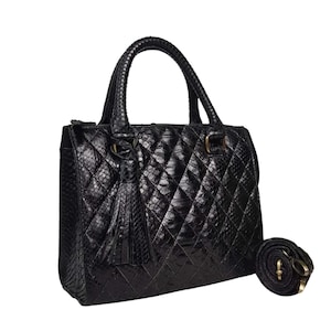 Genuine Python Snakeskin Double Handle Quilted Crossbody Bag