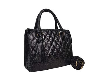 Genuine Python Snakeskin Double Handle Quilted Crossbody Bag