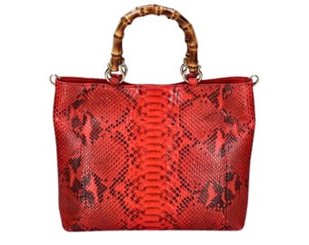 Large Tote Snakeskin Bag Wood Handle Accent