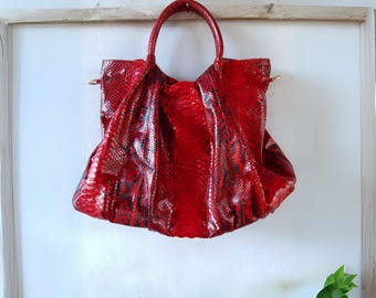 Python Snakeskin Leather Red Floy Hobo Women Shoulder Bucket Bag