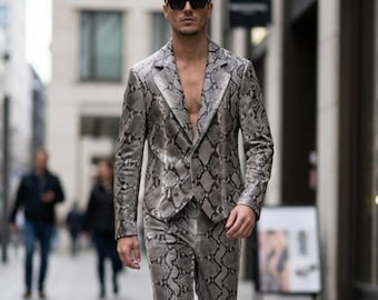 Luxury Genuine Python Snakeskin Suit Set | Natural Gray Leather Blazer & Pants