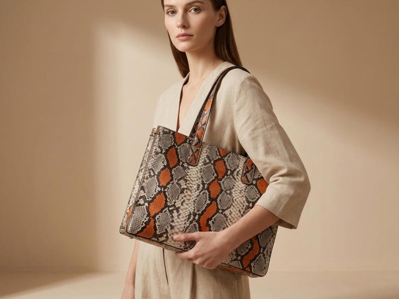 Elegant woman carrying orange genuine python snakeskin shoulder tote bag