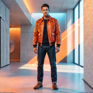 Jaqueta bomber em couro legítimo de píton: cor laranja flamejante exótica.