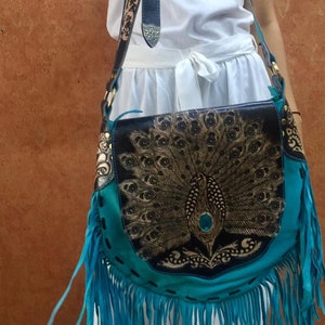 Turquoise Fringe Crossbody Soft Sheepskin Leather Bags with Carving Accent