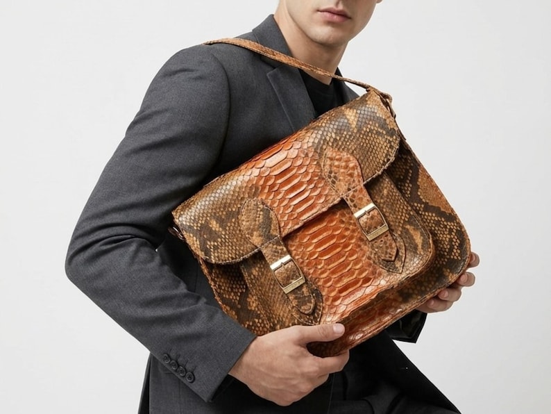 Genuine Python Snakeskin Messenger Bag: Luxury Exotic Leather Crossbody Satchel