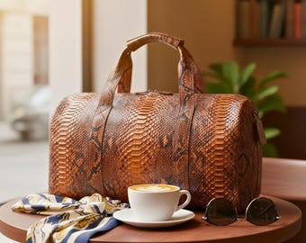 Bolsa de viagem luxuosa em pele de cobra píton genuína – Mochila de couro feita à mão para viagens e academia