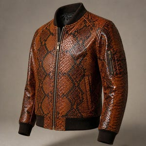 Puede incluir: Chaqueta bomber marrón y negra con estampado de piel de serpiente con cuello, puños y dobladillo negros. La chaqueta tiene cierre de cremallera frontal y un bolsillo con cremallera en la manga izquierda. La chaqueta es de material brillante.