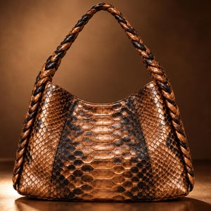 May include: A hobo-style handbag featuring a textured snakeskin pattern in shades of brown and black. The bag has a single arched handle constructed from a thick, braided cord that matches the color palette of the main body of the handbag.