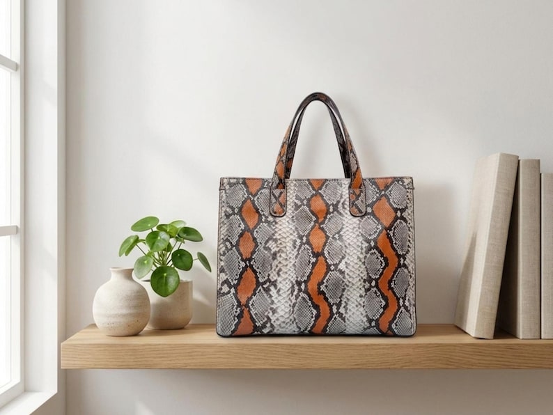 Orange snakeskin tote bag displayed on wooden shelf with minimalist decor