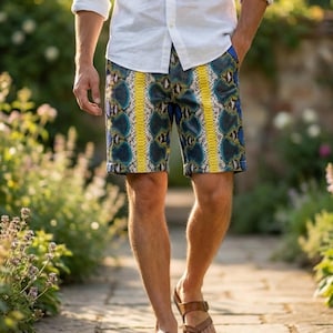 May include: Shorts with a vibrant snakeskin pattern in shades of blue, yellow, and green. The shorts are worn with a white button-down shirt. The person is wearing brown sandals and walking on a stone path.