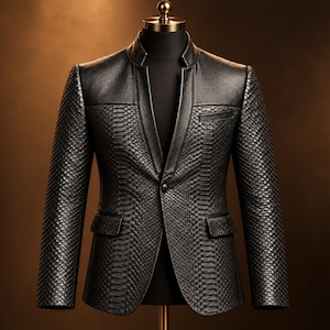 May include: A black blazer featuring a textured snakeskin pattern on the sleeves and body, with smooth black lapels and a mandarin collar. The jacket includes a single front button closure, two side flap pockets, and one chest pocket on the left side.