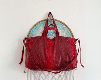 Red Snakeskin Oversize Totes Triple Handle Gift for Mother
