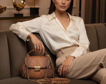 Luxury Genuine Python Snakeskin Top Handle Bag: Exotic Brown, Black, White & Green Leather Purse