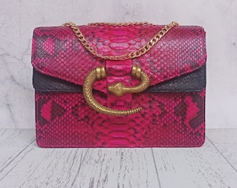 Genuine Snakeskin Leather Envelope Clutch Purse with Crossbody Chain Strap