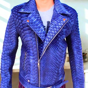 Premium Quality Snakeskin Leather Jacket Men | L Size | Blue Nubuck Accent