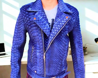 Premium Quality Snakeskin Leather Jacket Men | L Size | Blue Nubuck Accent