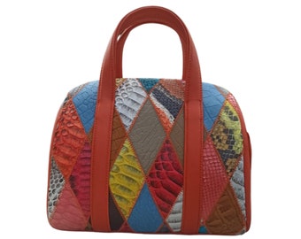 Double Handle Snakeskin Handbag featuring Diamond Shape Accent