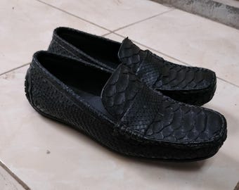 Black Snakeskin Casual Loafers For Men