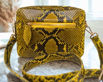 Yellow Snakeskin Sling Leather Bag with Double Zip Organizer Compartment