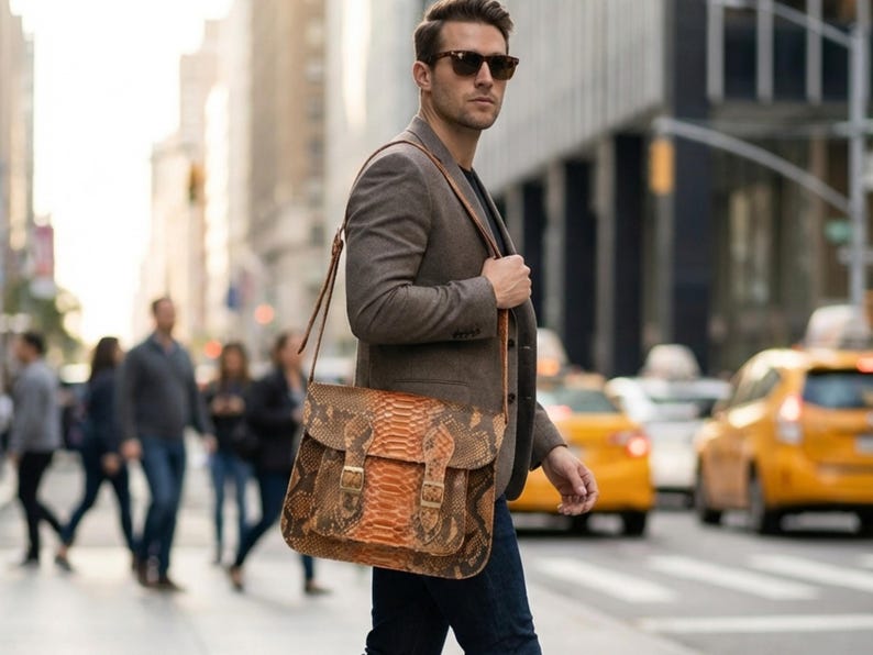 Genuine Python Snakeskin Messenger Bag: Luxury Exotic Leather Crossbody Satchel