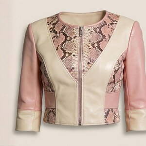 Cropped exotic leather jacket pink beige front zipper detail
