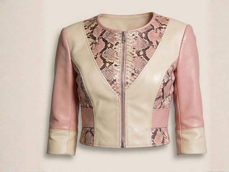 Cropped exotic leather jacket pink beige front zipper detail