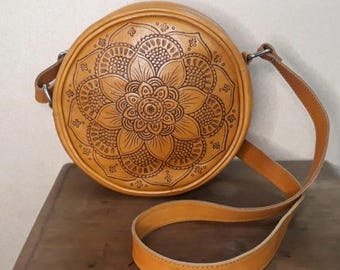 Round Crossbody Sheepskin Leather Bag For Traveling with Carving Accent