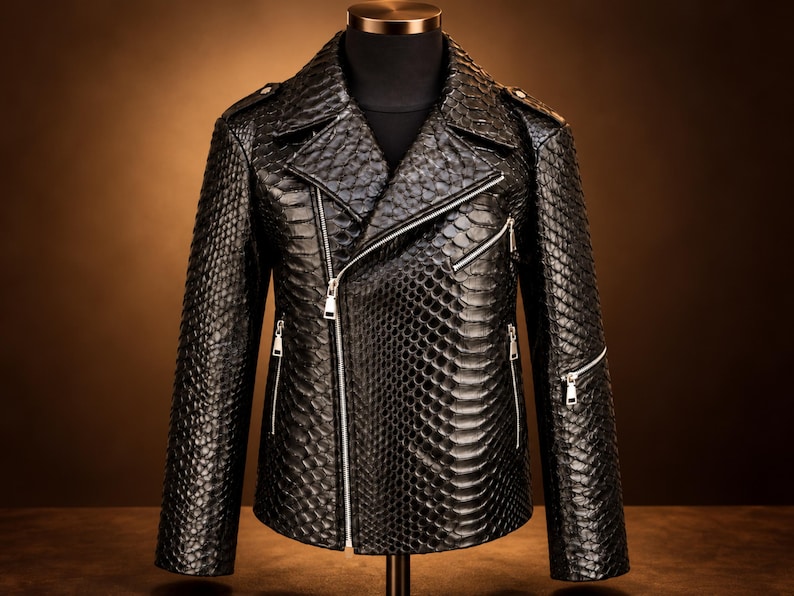 Black genuine python snakeskin leather biker jacket on mannequin under warm studio lighting