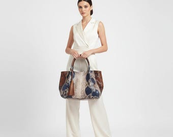 Brown Python Snakeskin Tote Bag | Genuine Leather Handbag for Women: Exotic Luxury Shoulder Purse Gift