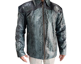 Cowboy Style of Python Snakeskin Leather Jacket for Men with Black Stingray Skin Accents on Shoulder