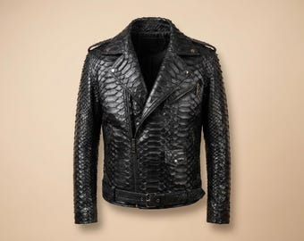 Chaqueta de motociclista de piel de serpiente pitón auténtica: Chaqueta de motociclista de cuero exótico negro