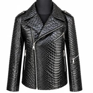 Black genuine python snakeskin leather biker jacket front view with silver zippers