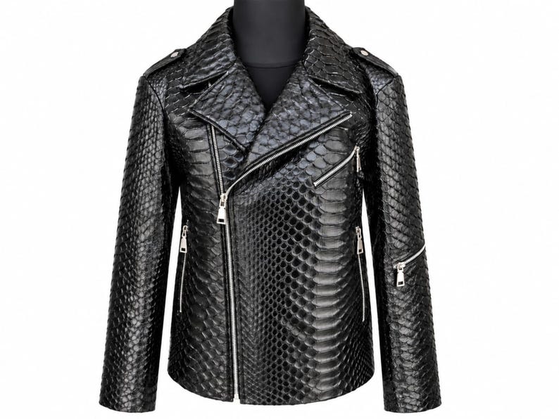 Black genuine python snakeskin leather biker jacket front view with silver zippers
