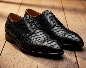 Genuine Black Python Snakeskin Oxford Shoes for Men: Handmade Exotic Leather Dress Shoes