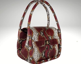 Python Snakeskin Top Handle Bag with Twist Closure Ideal Gift for Stylish Mothers