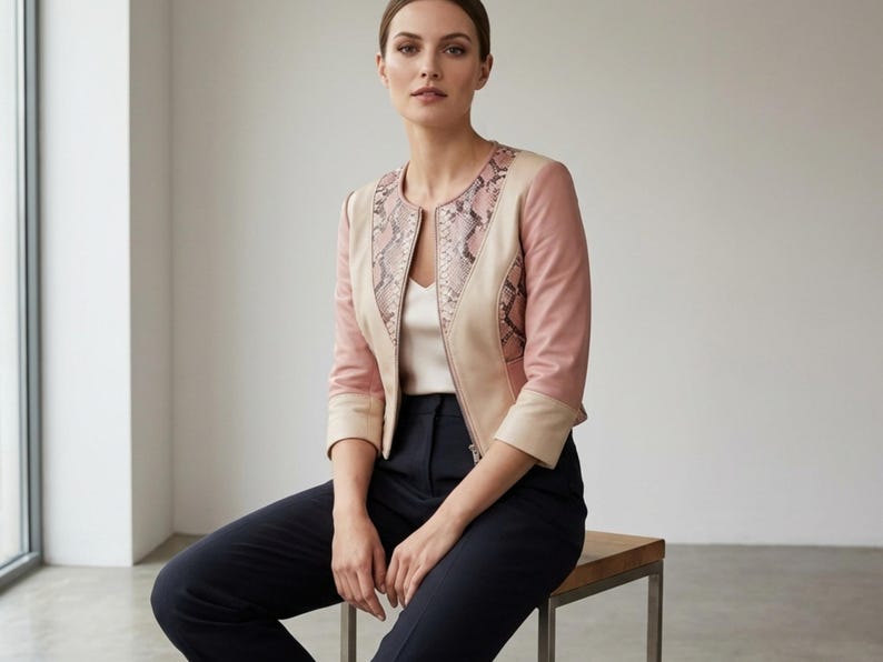 Seated model wearing blush python leather jacket chic outfit