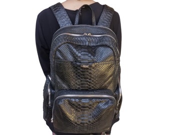 Travel Leather Backpack, Black Python Snakeskin Back Pack, 3 Outer Zipper Pockets & Laptop Sleeve Adjustable Shoulder Strap