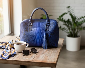 Python Leather Handbag: Designer Top Handle Bag for Women