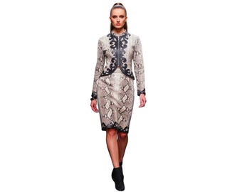 Snakeskin Two-Piece Set: Couture Skirt and Jacket with Black Appliqué
