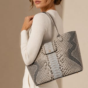 Genuine Python Snakeskin Shoulder Bag: Silver Gray Exotic Leather Tote Purse
