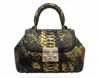 Luxury Genuine Python Snakeskin Handbag: Black & Gold Designer Purse