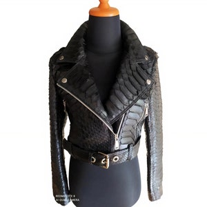 Black Python Snakeskin Biker Jacket: Women&#39;s Leather Motorcycle Style