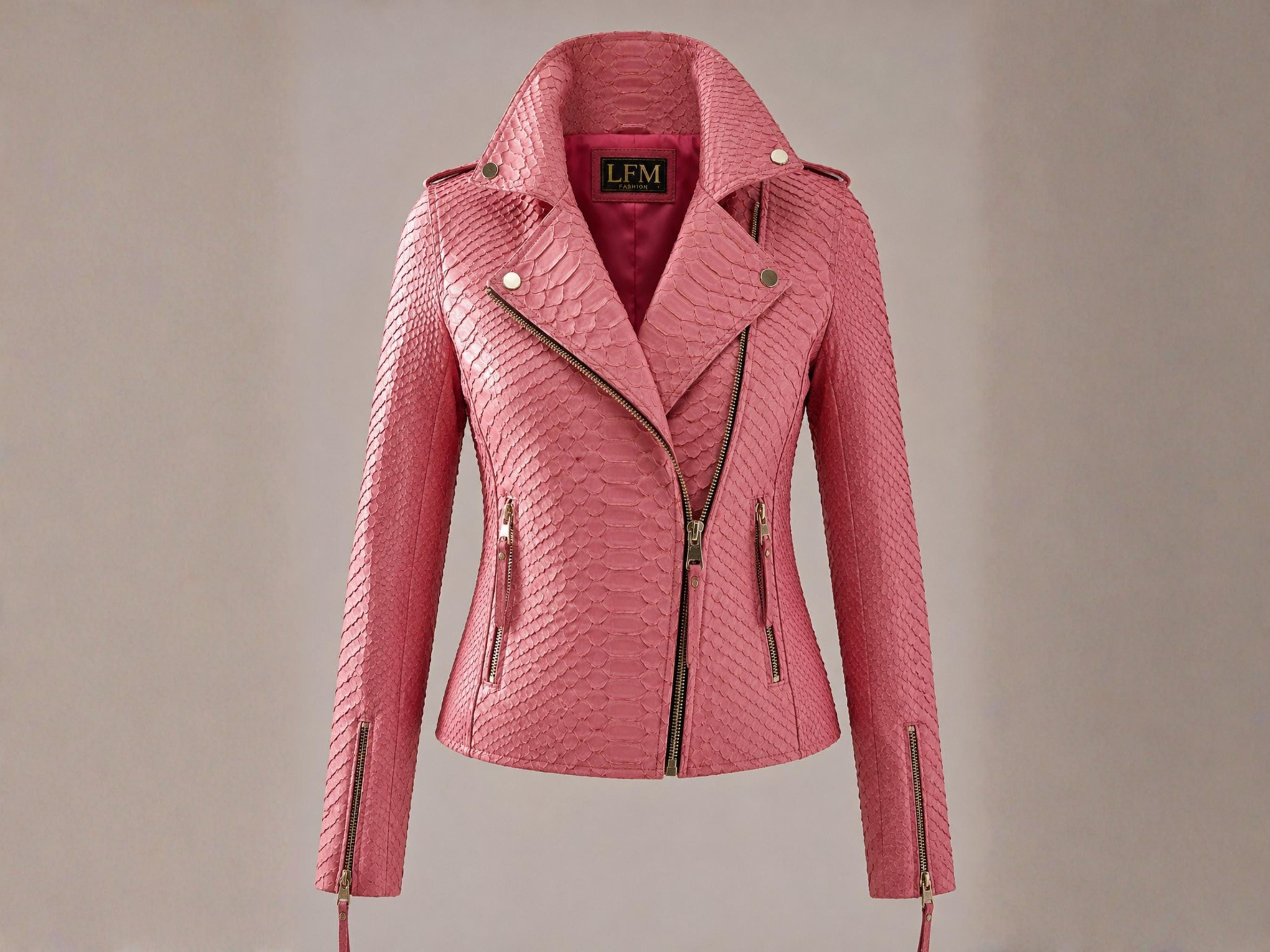Genuine Python Snakeskin Leather Biker Jacket for Women: Pink Color