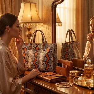 Luxury python snakeskin tote bag on dark satin background product showcase