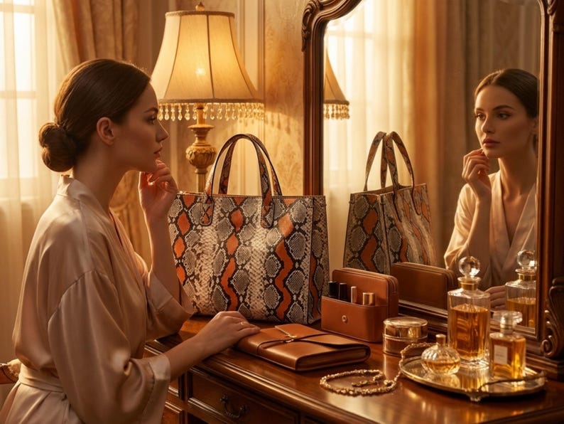 Luxury python snakeskin tote bag on dark satin background product showcase