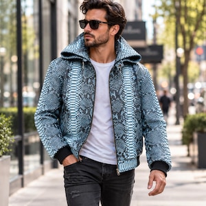 Genuine Python Snakeskin Jacket | Metallic Blue Gray Hooded Bomber