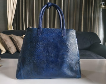 Blue Lizard Skin Tote Bag with Removable Wrist Clutch