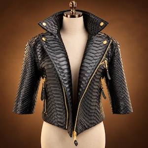 Genuine Python Snakeskin Jacket: Black Biker Coat with Gold Zippers - 3/4 Sleeve