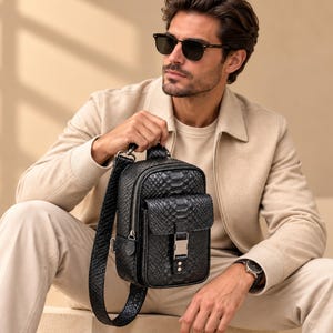 Stylish man holding genuine black python leather sling backpack with adjustable crossbody strap